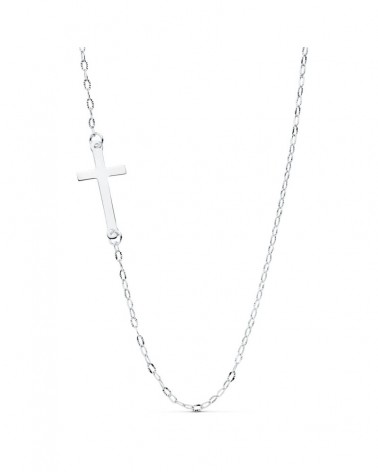 Gargantilla oro blanco 18k cruz lisa cadena forzada 42cm