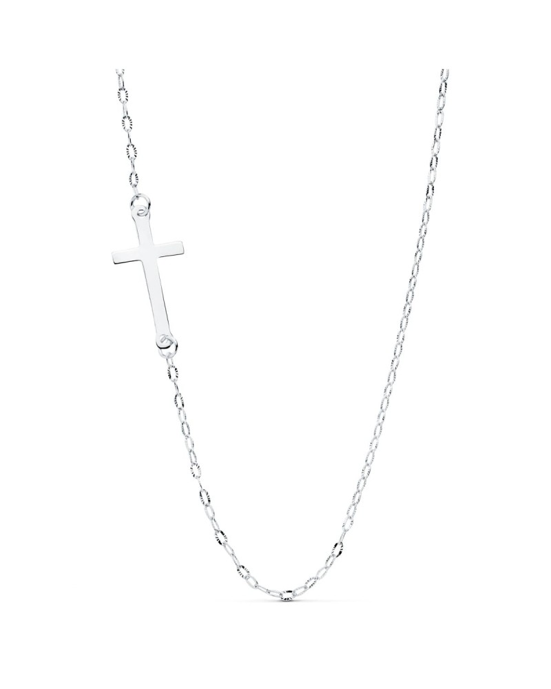 Gargantilla oro blanco 18k cruz lisa cadena forzada 42cm