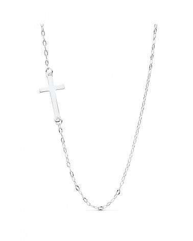 Gargantilla oro blanco 18k cruz lisa cadena forzada 42cm
