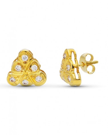 Pendientes oro 18k trébol circonita cierre presión 9mm