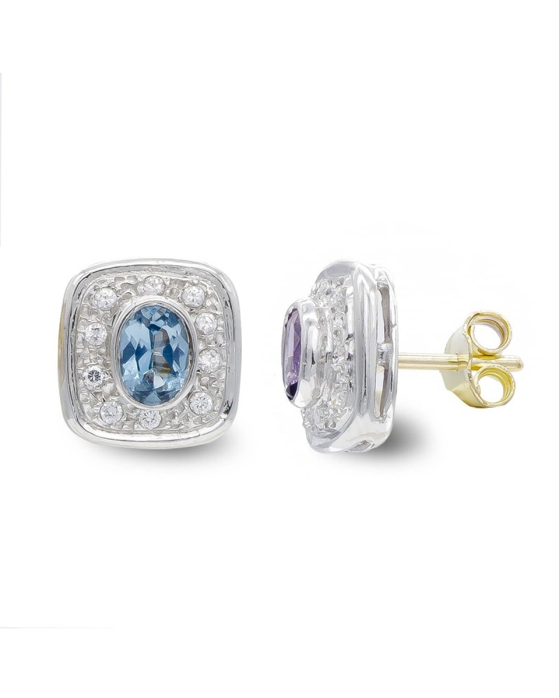 Pendientes oro 18k bicolor aguamarina circonita presión