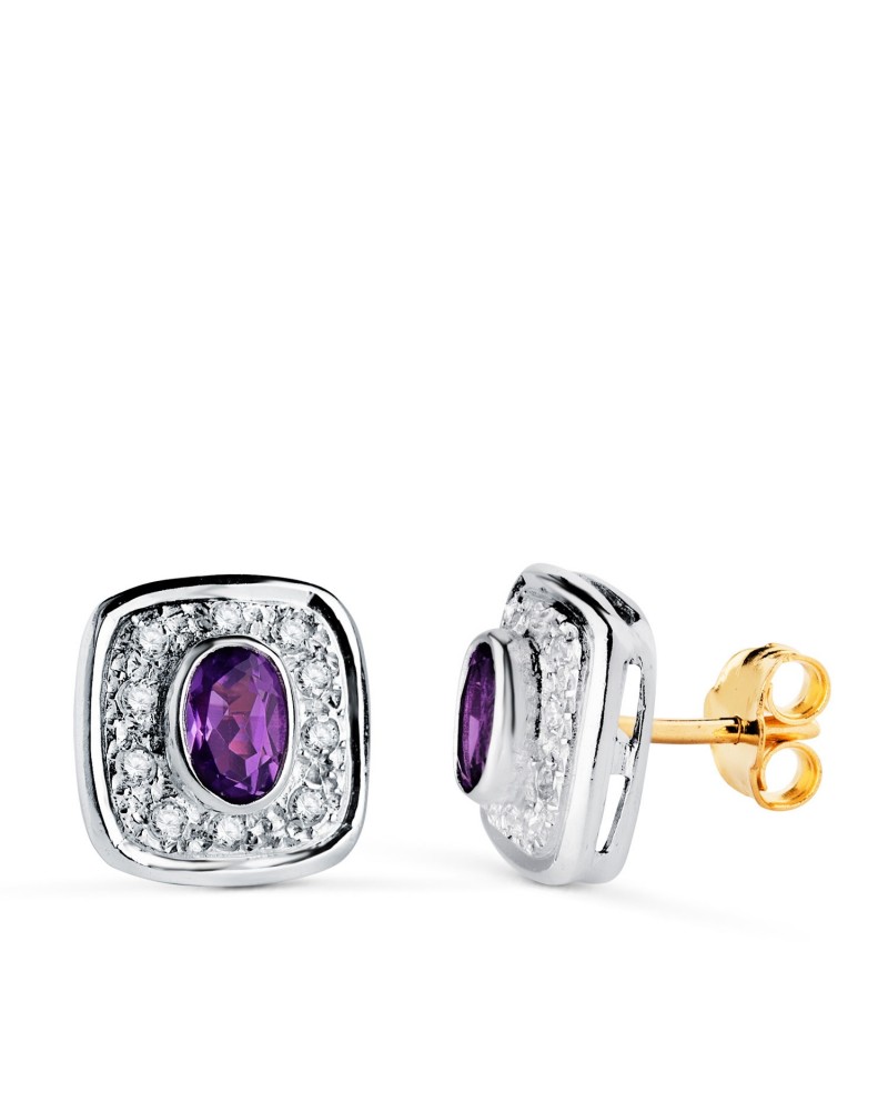 Pendientes oro 18k bicolor cuadrados amatista 11mm