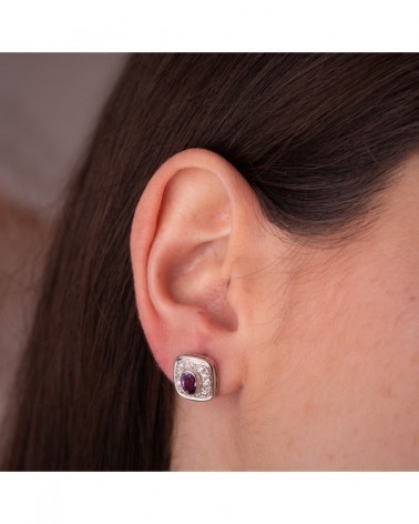 Pendientes oro 18k bicolor cuadrados amatista 11mm