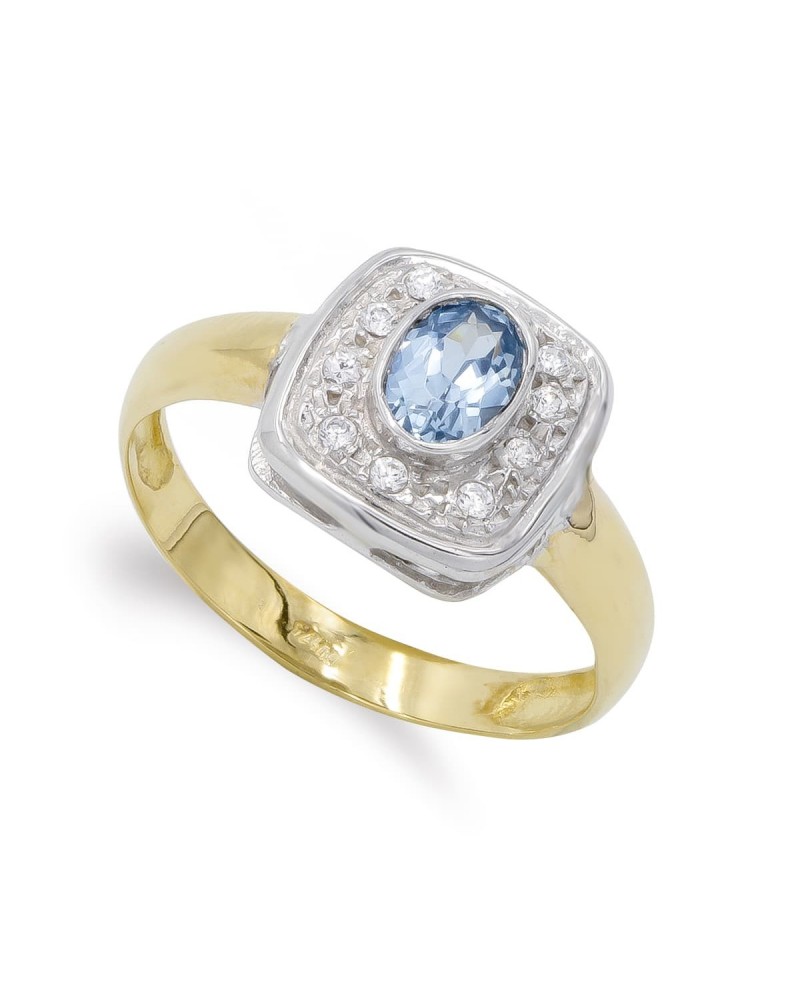 Sortija oro 18k bicolor aguamarina circonitas 11mm