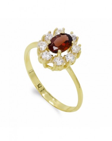 Sortija oro 18k granate oval y circonitas estilo roseta