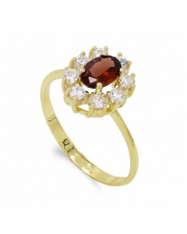 Sortija oro 18k granate oval y circonitas estilo roseta