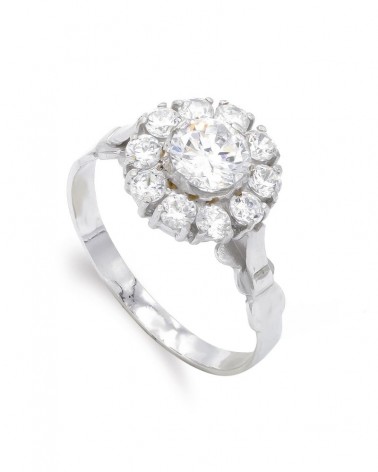 Sortija oro blanco 18k circonitas tipo rosetón 11mm