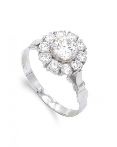 Sortija oro blanco 18k circonitas tipo rosetón 11mm