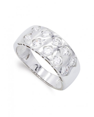 Sortija oro blanco 18k circonita ancho 8mm