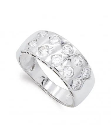 Sortija oro blanco 18k circonita ancho 8mm