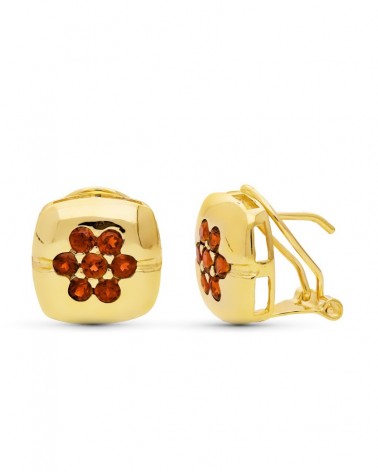 Pendientes oro 18k granates flor cierre omega 12mm