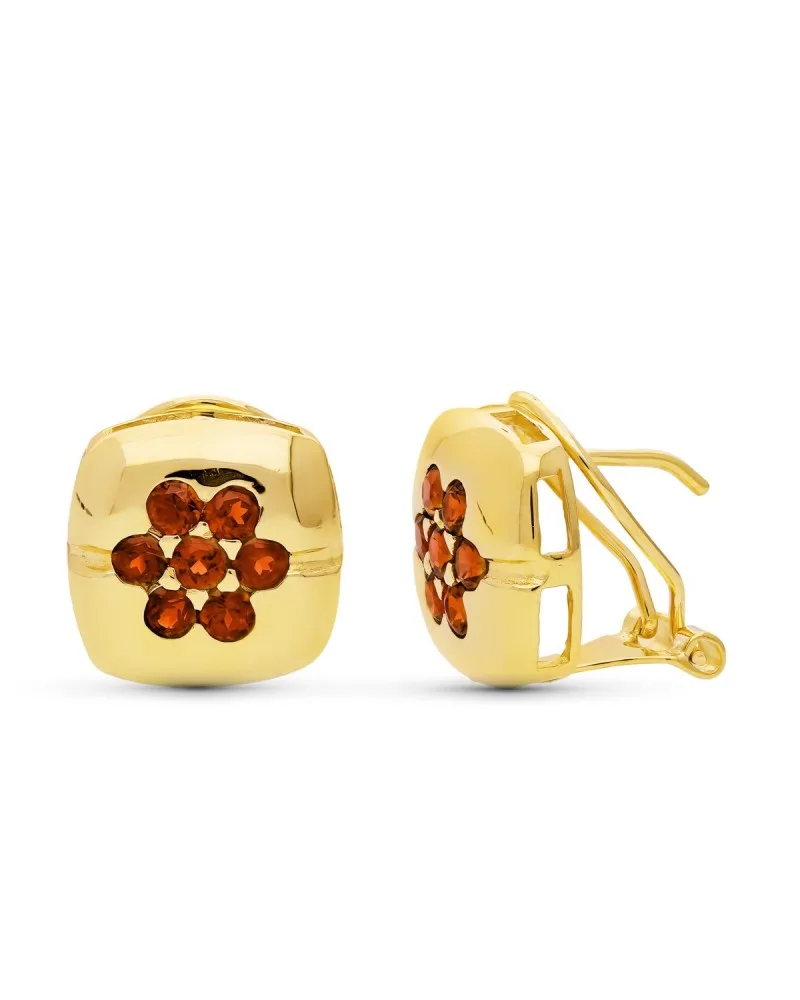 Pendientes oro 18k granates flor cierre omega 12mm