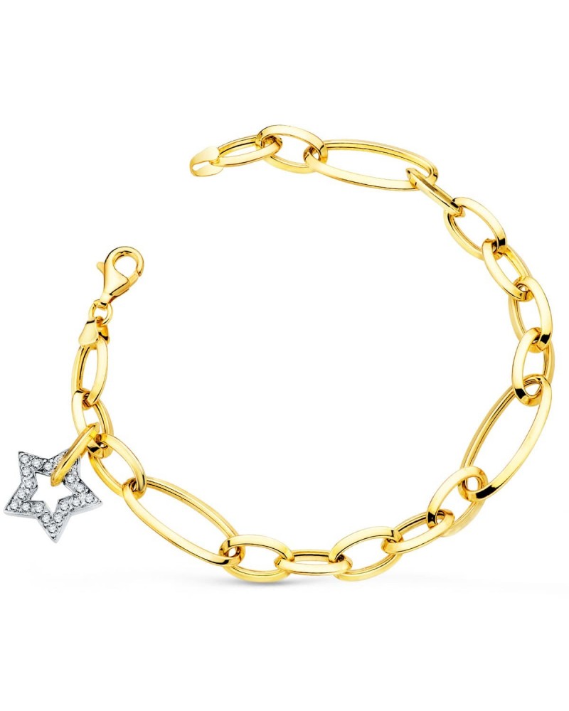 Pulsera oro 18k bicolor eslabones estrella circonita 20cm