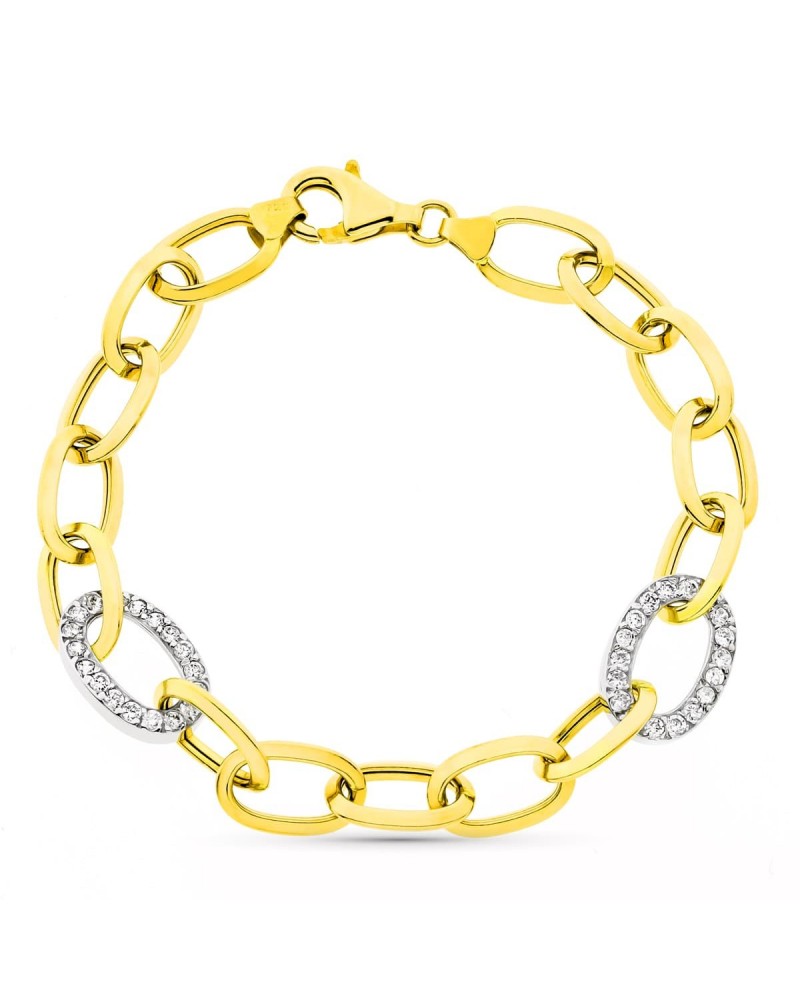 Pulsera oro 18k bicolor eslabones circonitas 11mm