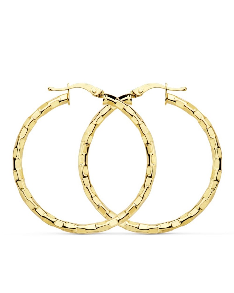 Aros oro 18k amarillo textura cuadrados 34mm