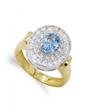 Sortija oro 18k bicolor aguamarina circonitas 16x14mm