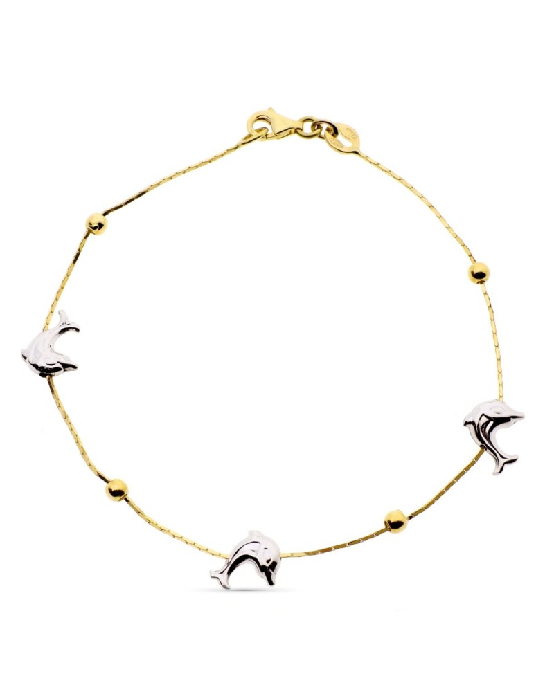 Pulsera oro 18k bicolor delfines y bolas 19cm