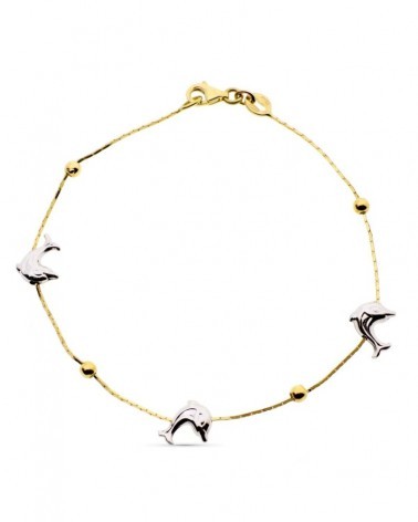 Pulsera oro 18k bicolor delfines y bolas 19cm