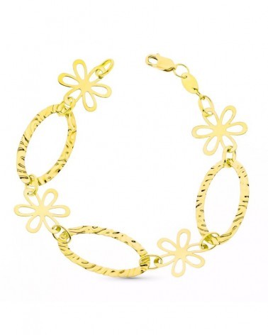 Pulsera oro 18k amarillo eslabones y flores 19cm
