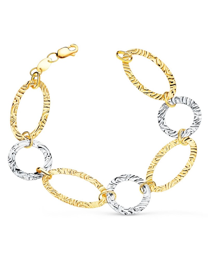 Pulsera oro 18k bicolor eslabones martillados 18mm