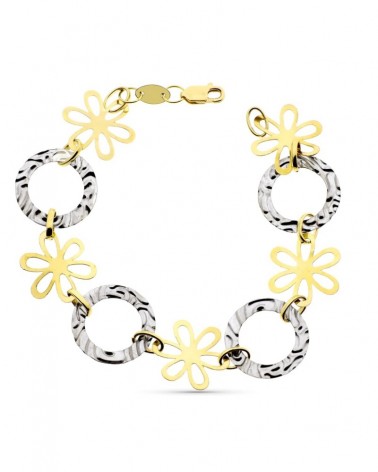 Pulsera oro 18k bicolor flores y círculos ondulados 20cm