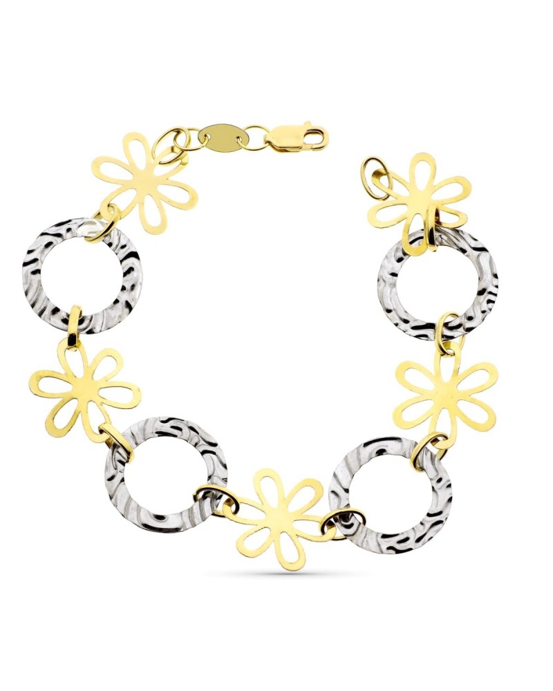 Pulsera oro 18k bicolor flores y círculos ondulados 20cm