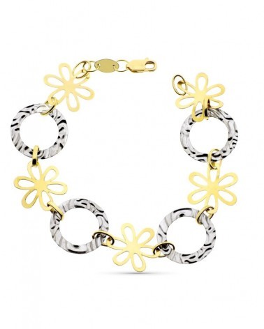 Pulsera oro 18k bicolor flores y círculos ondulados 20cm