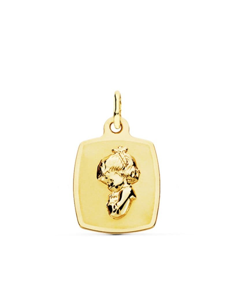 Medalla oro 18k Virgen niña rectangular 19x13mm