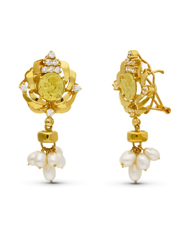 Pendientes oro 18k perlas circonitas cierre omega 38x19mm
