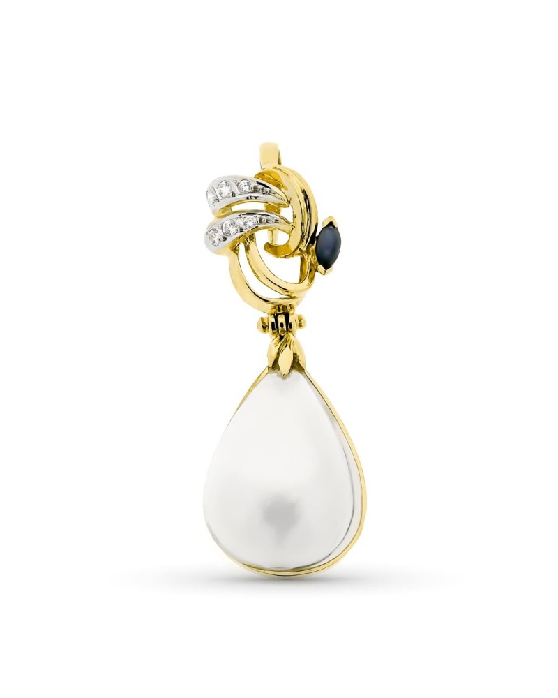 Colgante oro 18k bicolor perla circonita 40x15mm