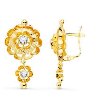 Pendientes oro 18k flor circonita cierre catalán