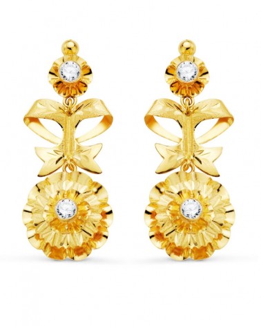 Pendientes oro 18k lapidados circonita 40x14mm
