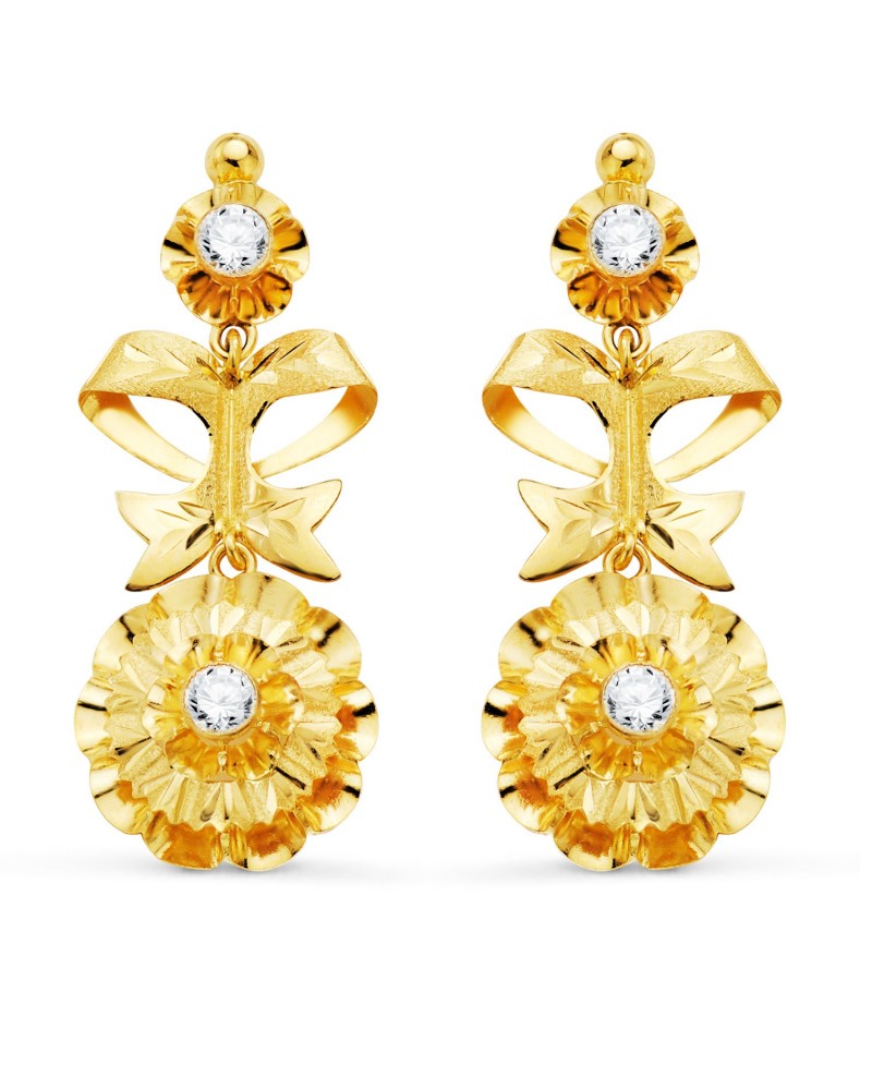 Pendientes oro 18k lapidados circonita 40x14mm