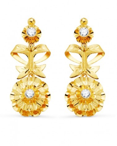 Pendientes oro 18k lapidados circonita 40x14mm