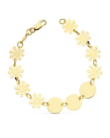 Pulsera oro 18k flores y placas amarillo 18,5cm