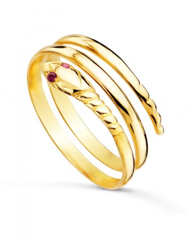 Sortija oro 18k serpiente dos vueltas ojos rojos