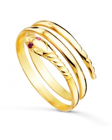 Sortija oro 18k serpiente dos vueltas ojos rojos