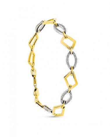 Pulsera oro 9k bicolor eslabones geométricos circonita 19cm