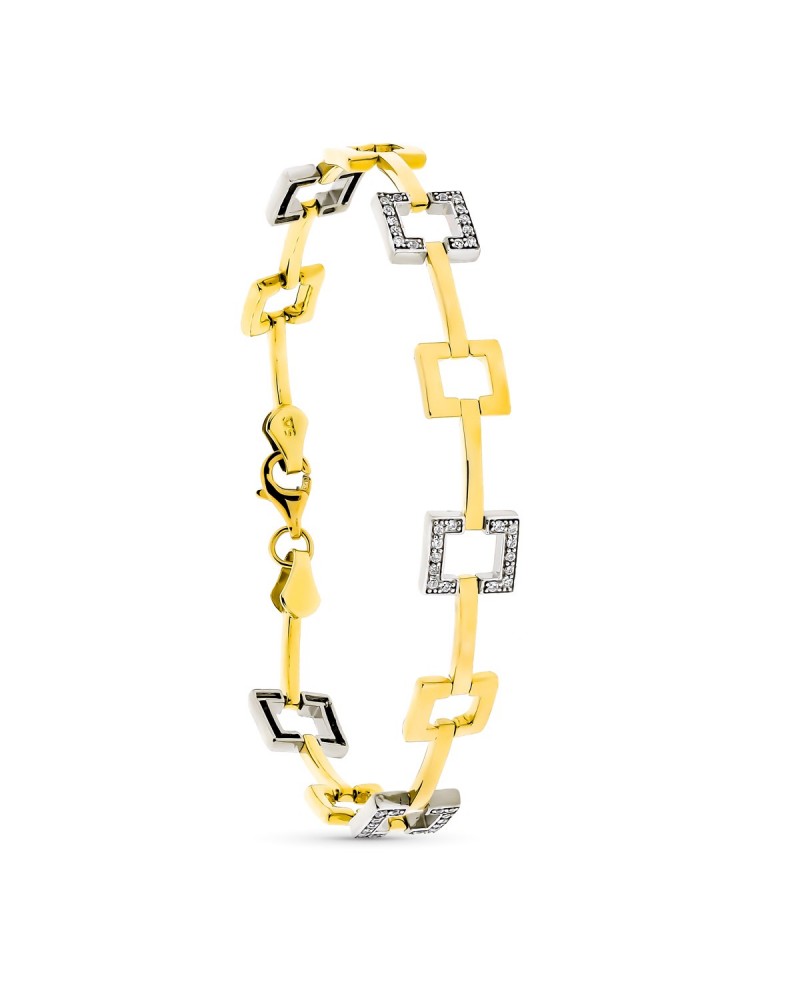 Pulsera oro 9k bicolor cuadrados circonita 19cm