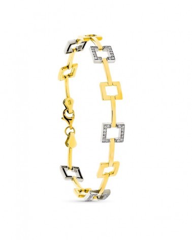 Pulsera oro 9k bicolor cuadrados circonita 19cm