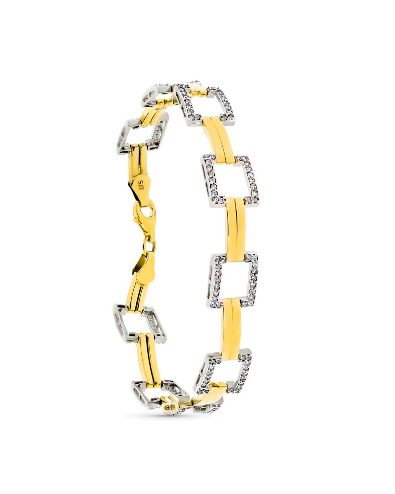 Pulsera oro 9k bicolor cuadrados circonita 19cm