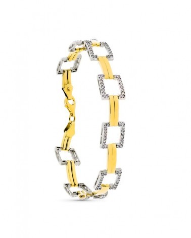 Pulsera oro 9k bicolor cuadrados circonita 19cm