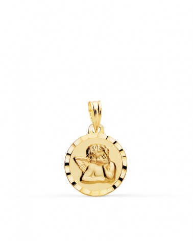 Medalla oro 9k angelito burlón bordes tallados 14mm