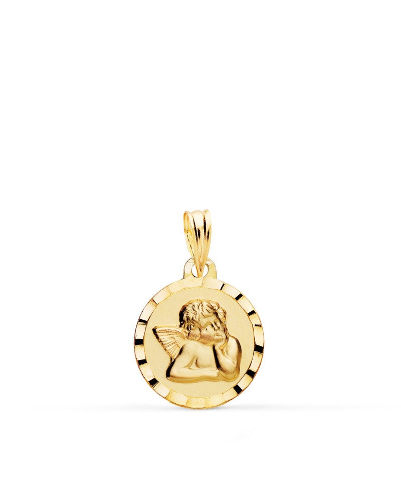 Medalla oro 9k angelito burlón bordes tallados 14mm