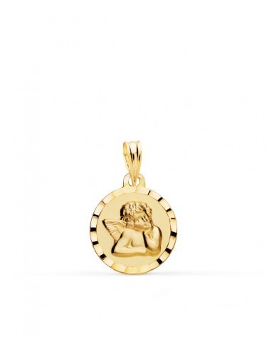 Medalla oro 9k angelito burlón bordes tallados 14mm