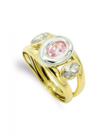 Sortija oro 9k bicolor circonita rosa oval 10mm