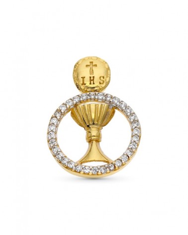 Colgante oro 9k bicolor cáliz comunión circonita 16mm