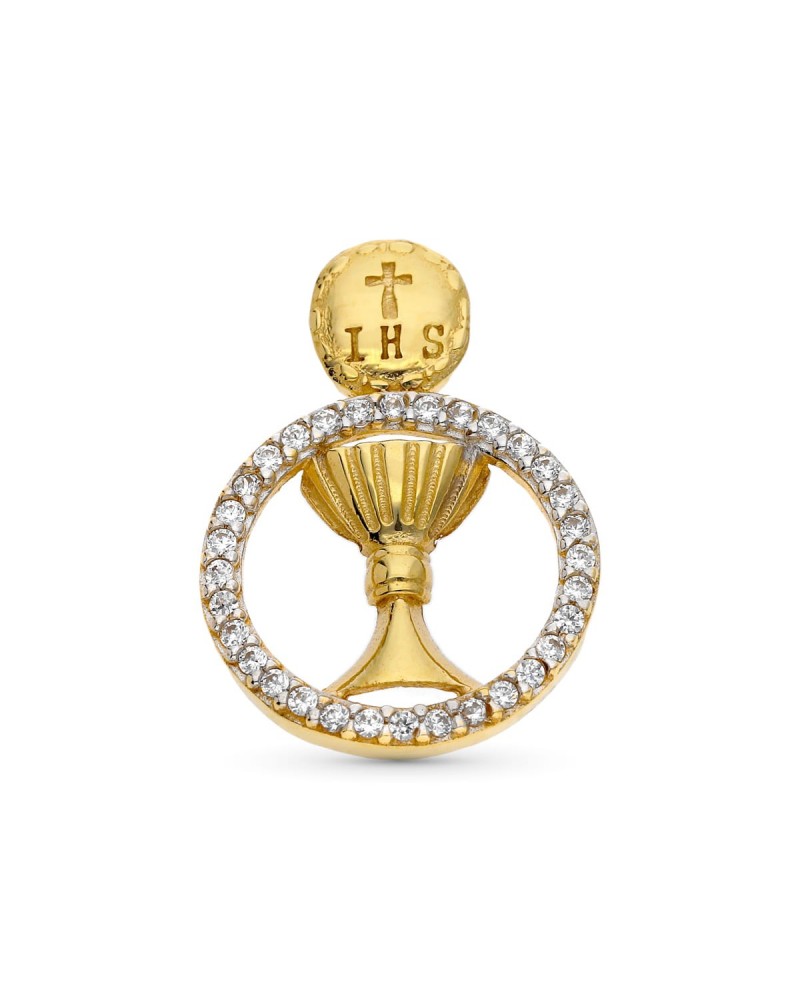 Colgante oro 9k bicolor cáliz comunión circonita 16mm