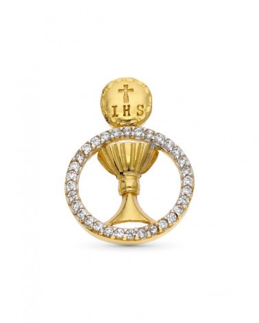 Colgante oro 9k bicolor cáliz comunión circonita 16mm