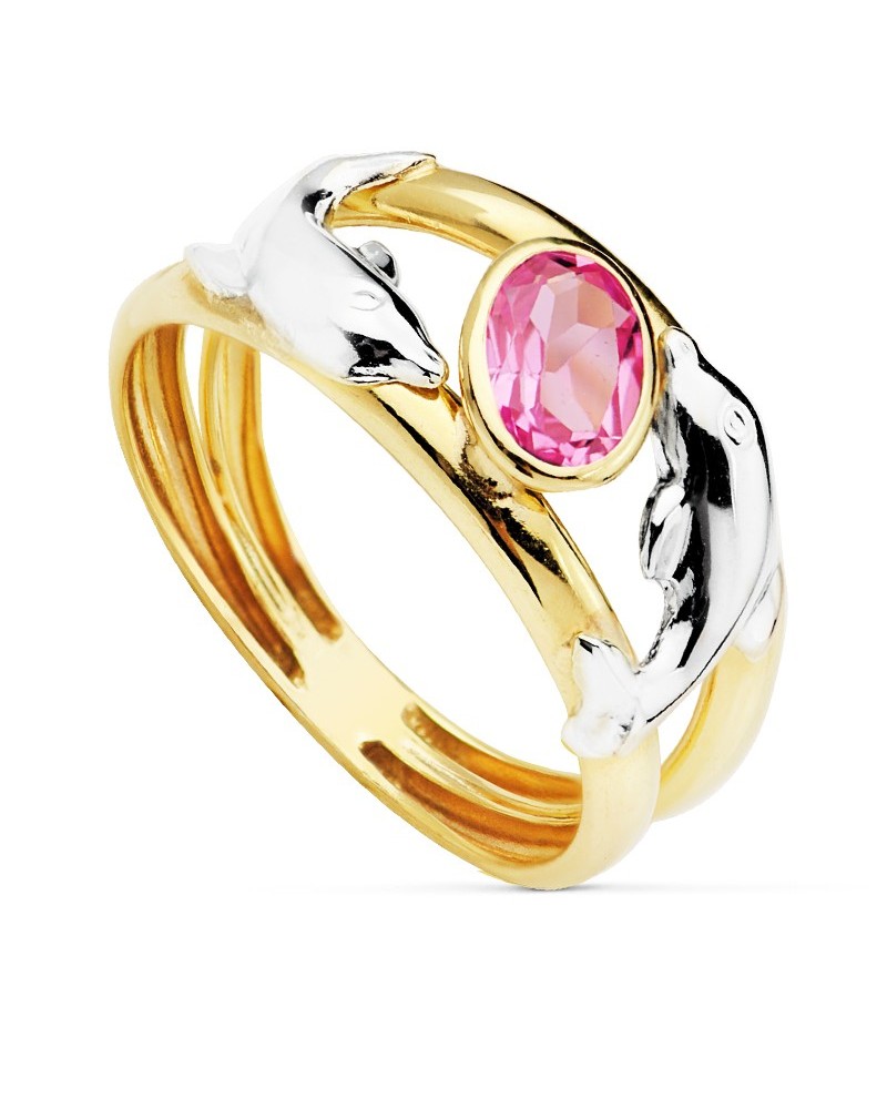 Sortija oro 9k bicolor delfines circonita rosa 10mm